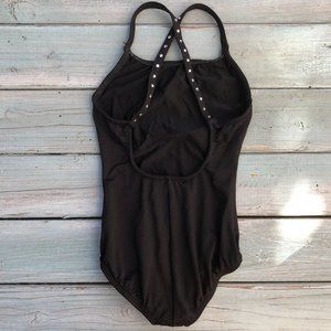 Motionwear Black Camisole Dance Leotard with Rhinestone Straps